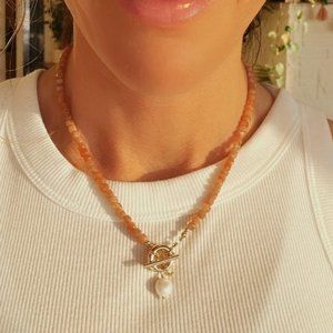 Peach Sunstone Gemstone Bead Necklace Gold Toggle Clasp Removable Baroque Pearl